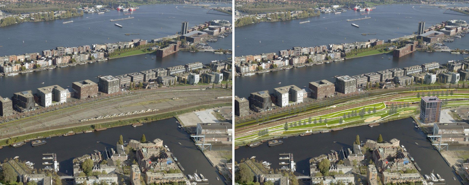 Situatie rangeerterrein in 2020 en schets van toekomstige groene inrichting gebied Dijksgracht